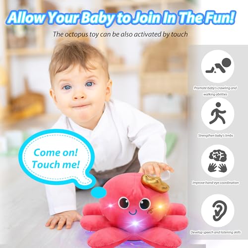 JoyyiKinddy Musical Octopus Baby Toy - Crawling, Rotating, Recording, Light-Up, Voice Control, for 2-6 Year Olds - Tummy Time Sensory Plush