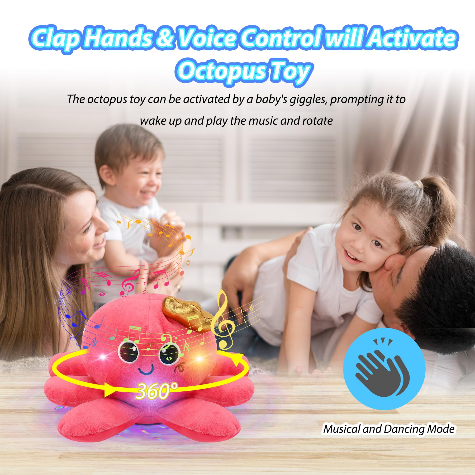 JoyyiKinddy Musical Octopus Baby Toy - Crawling, Rotating, Recording, Light-Up, Voice Control, for 2-6 Year Olds - Tummy Time Sensory Plush