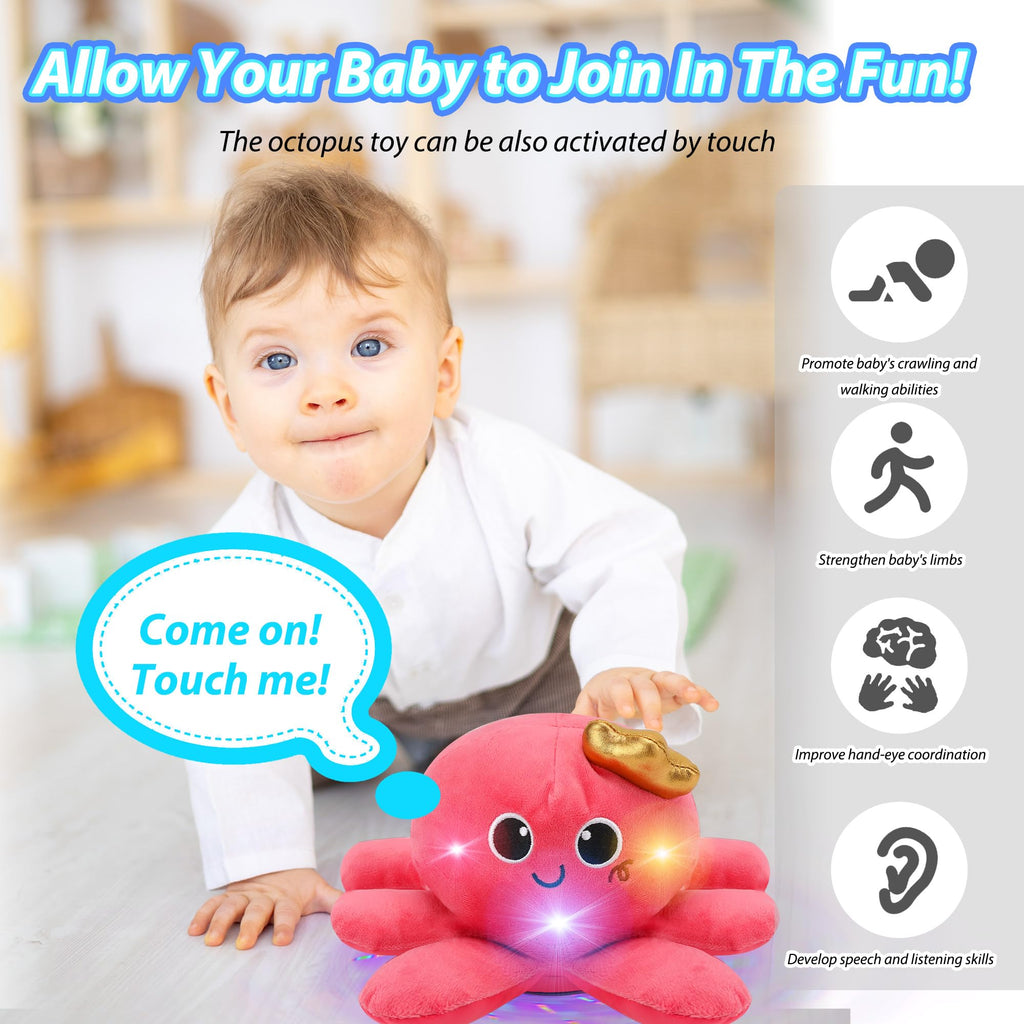 JoyyiKinddy Musical Octopus Baby Toy - Crawling, Rotating, Recording, Light-Up, Voice Control, for 2-6 Year Olds - Tummy Time Sensory Plush
