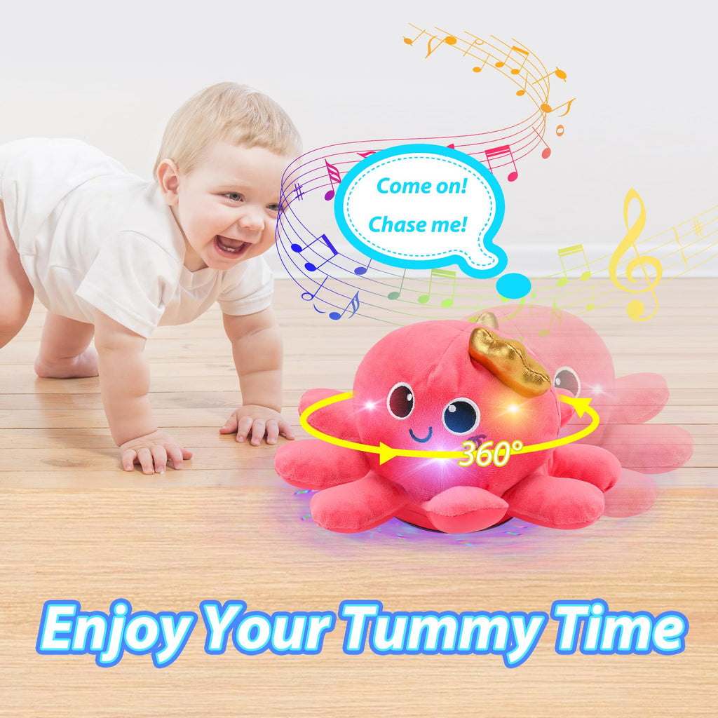 JoyyiKinddy Musical Octopus Baby Toy - Crawling, Rotating, Recording, Light-Up, Voice Control, for 2-6 Year Olds - Tummy Time Sensory Plush
