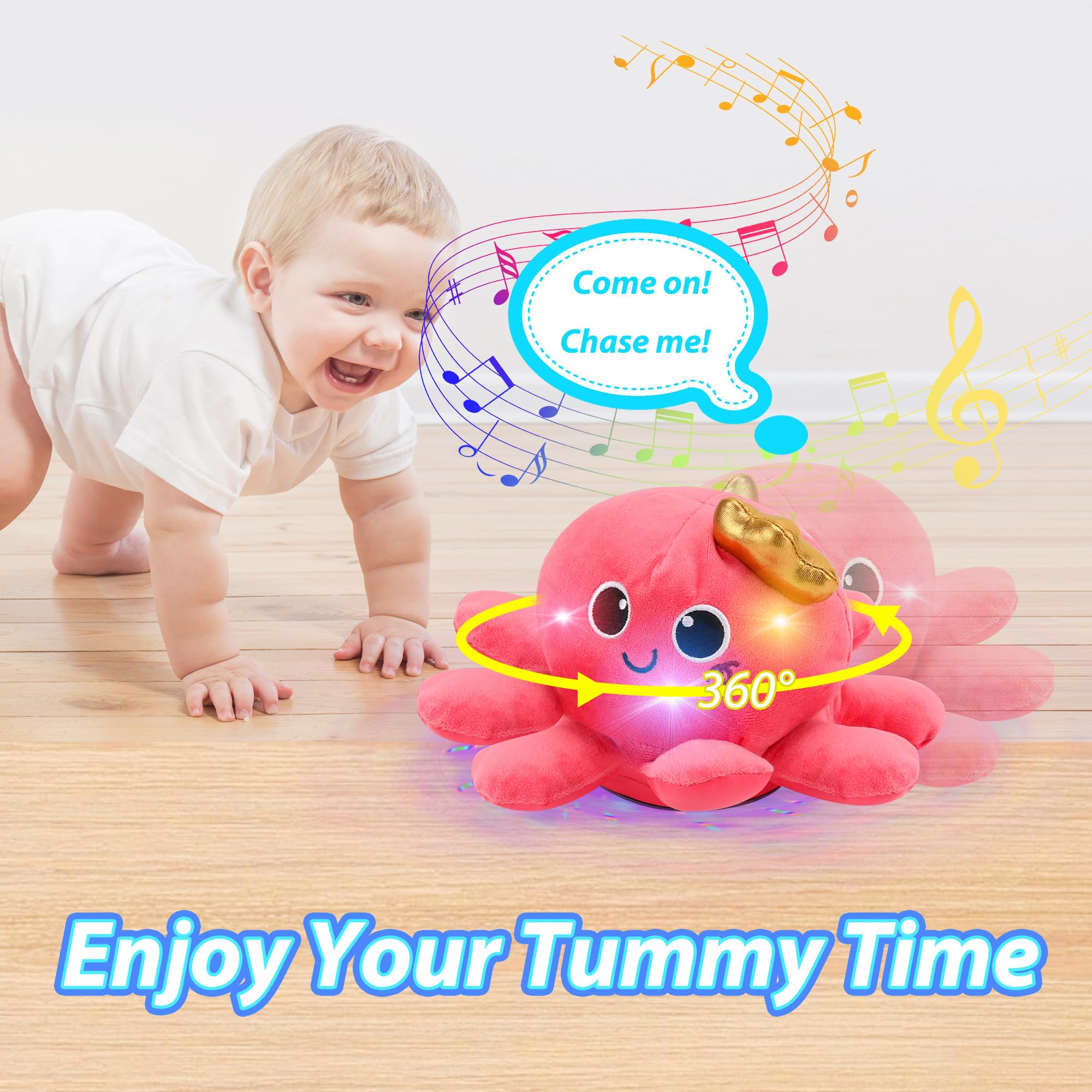 JoyyiKinddy Musical Octopus Baby Toy - Crawling, Rotating, Recording, Light-Up, Voice Control, for 2-6 Year Olds - Tummy Time Sensory Plush
