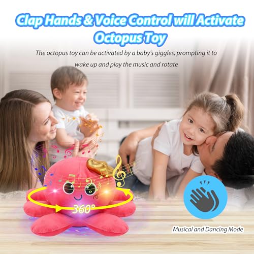 JoyyiKinddy Musical Octopus Baby Toy - Crawling, Rotating, Recording, Light-Up, Voice Control, for 2-6 Year Olds - Tummy Time Sensory Plush