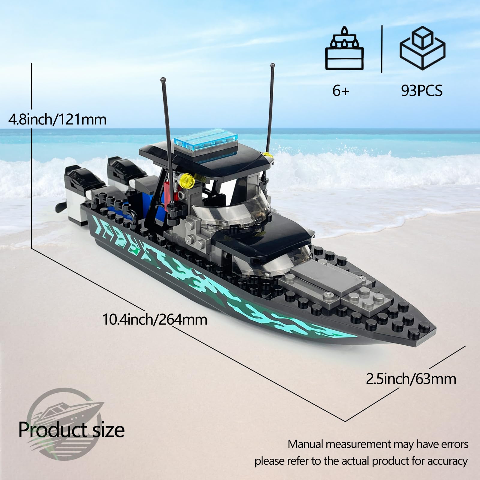 JQARCH City Police Speed Boat Building Blocks Set – 93-Piece Rescue & Patrol Boat Toy Compatible with Lego