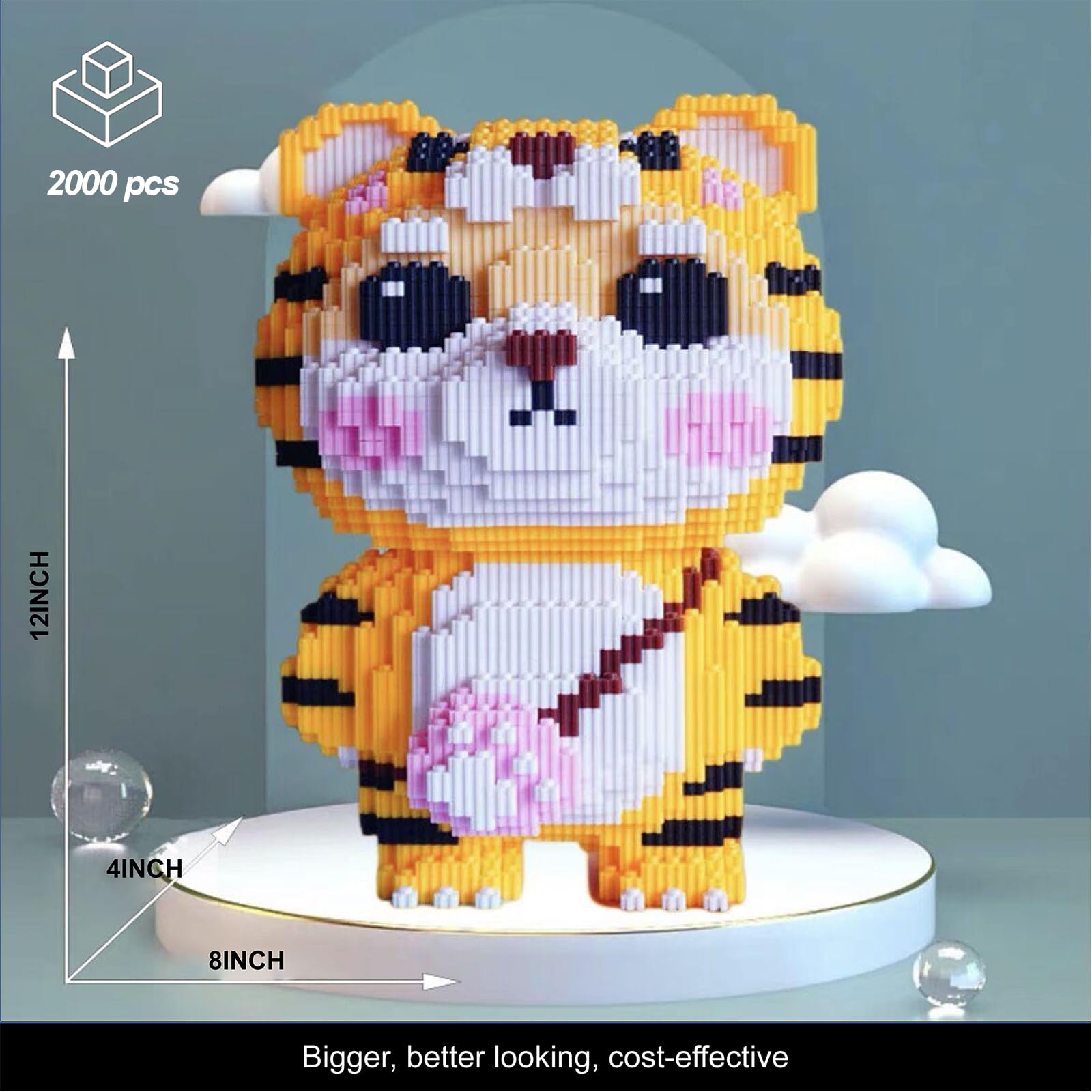 JQARCH Micro Tiger Building Blocks Set – 2000-Piece Pixel Art Model, 4x8x12 Inches, Compatible with Lego, STEM Gift for Ages 8+