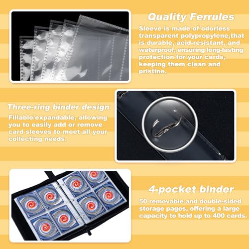 Jravkfi 400-Pocket Trading Card Binder – 4 Pocket Zipper Album with 50 Removable Sleeves (Black)