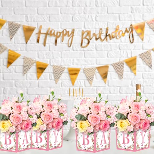 Jremreo 6-Pack Pink Floral Baby Shower Centerpiece Boxes with 'BABY' Letters – 7x7x7 Inch Cardboard Decor for Girl Baby Showers and Gender Reveal Parties