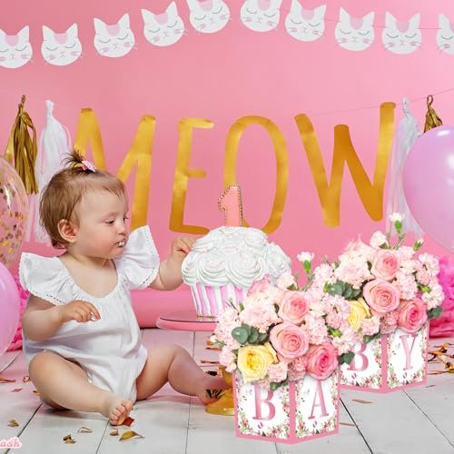 Jremreo 6-Pack Pink Floral Baby Shower Centerpiece Boxes with 'BABY' Letters – 7x7x7 Inch Cardboard Decor for Girl Baby Showers and Gender Reveal Parties