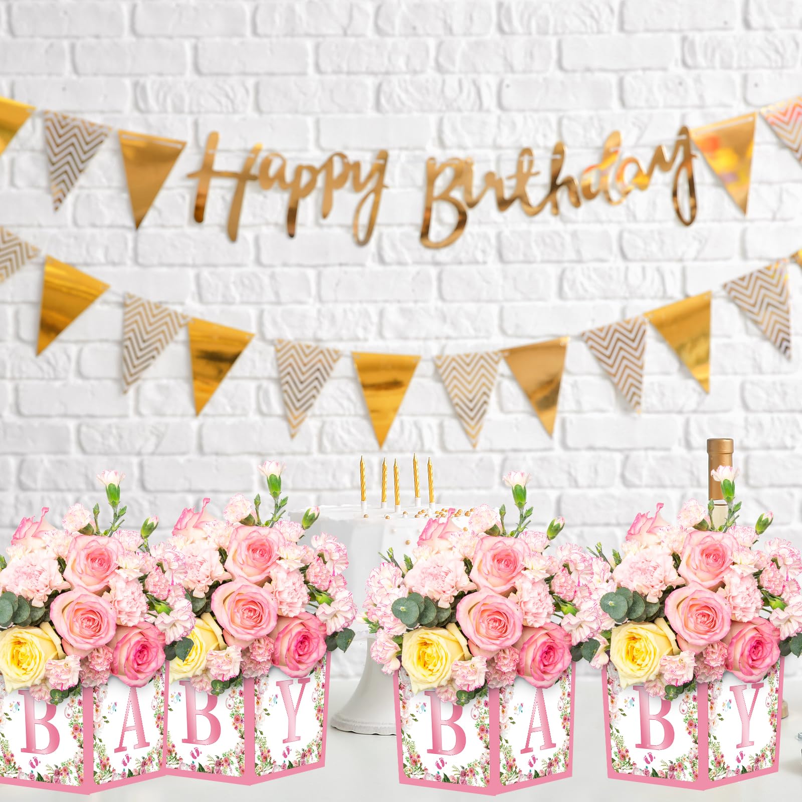 Jremreo 6-Pack Pink Floral Baby Shower Centerpiece Boxes with 'BABY' Letters – 7x7x7 Inch Cardboard Decor for Girl Baby Showers and Gender Reveal Parties