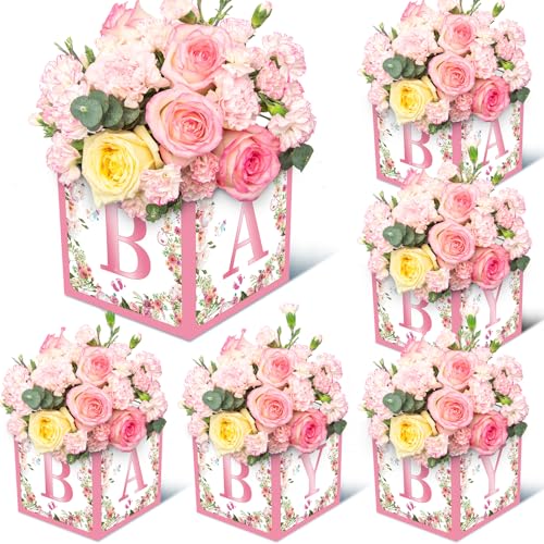 Jremreo 6-Pack Pink Floral Baby Shower Centerpiece Boxes with 'BABY' Letters – 7x7x7 Inch Cardboard Decor for Girl Baby Showers and Gender Reveal Parties