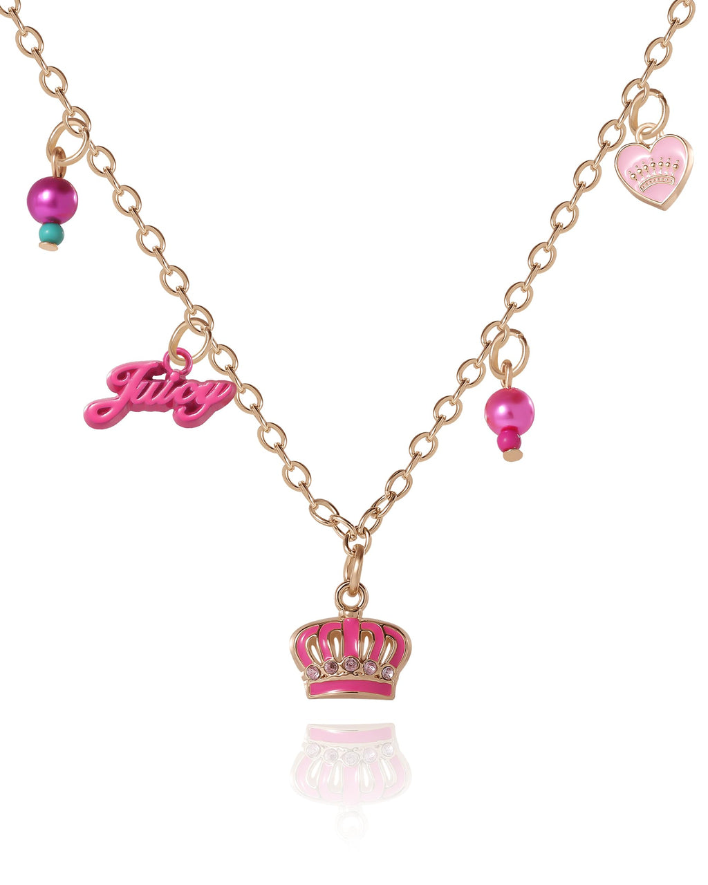 Juicy Couture Charm and Beaded Necklace for Girls – Adjustable 15-Inch Gold-Tone Chain with Logo and Heart Pendants