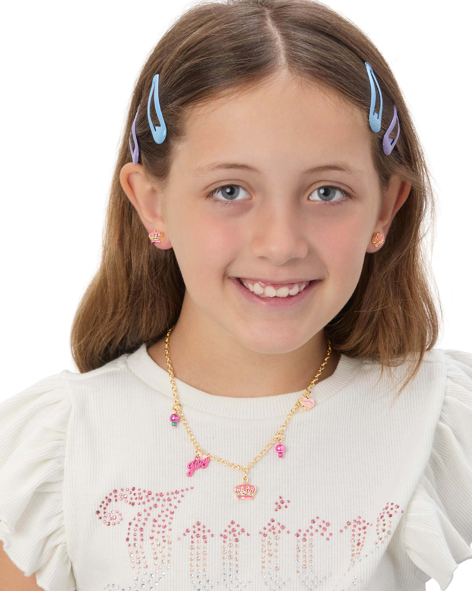 Juicy Couture Charm and Beaded Necklace for Girls – Adjustable 15-Inch Gold-Tone Chain with Logo and Heart Pendants