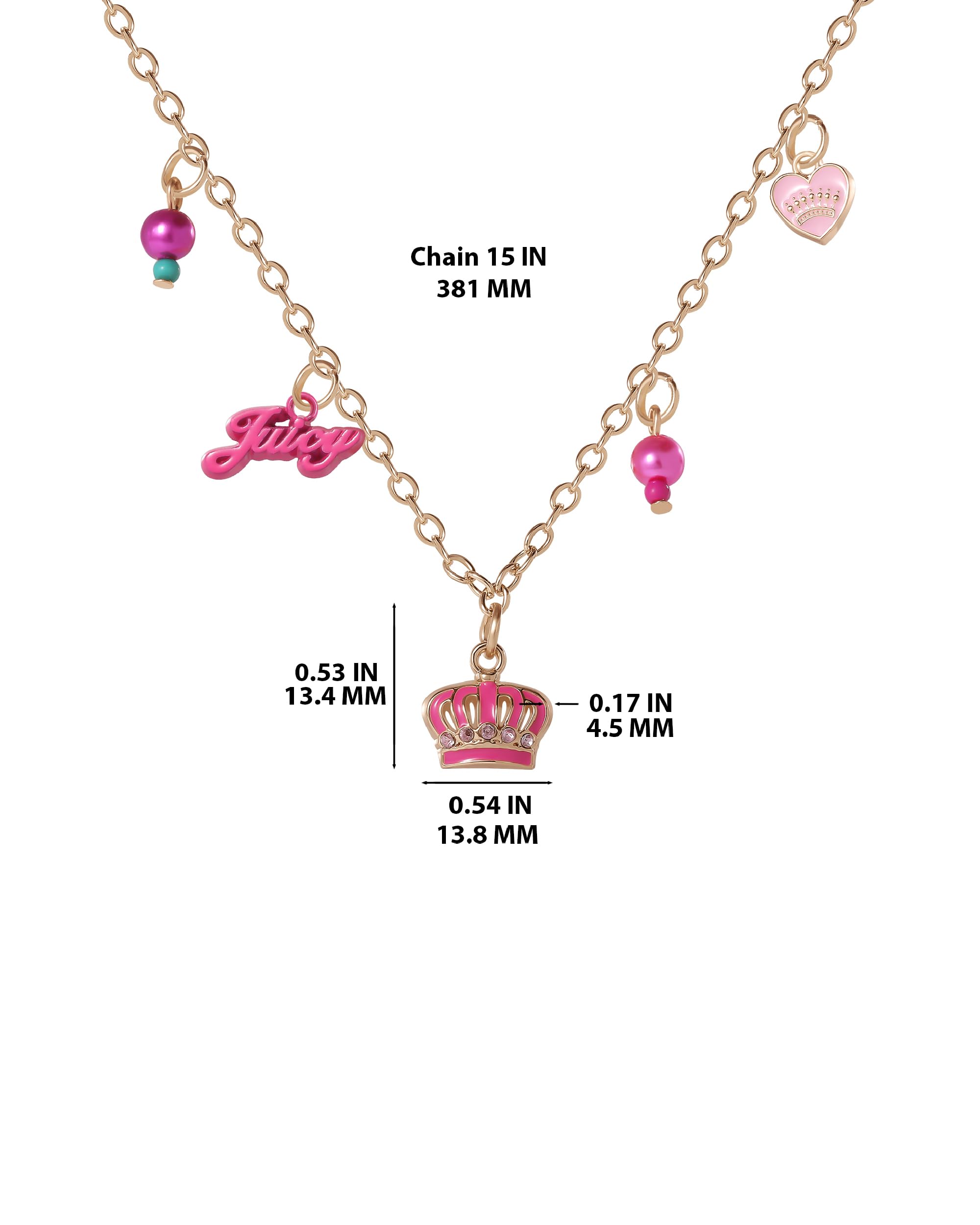 Juicy Couture Charm and Beaded Necklace for Girls – Adjustable 15-Inch Gold-Tone Chain with Logo and Heart Pendants