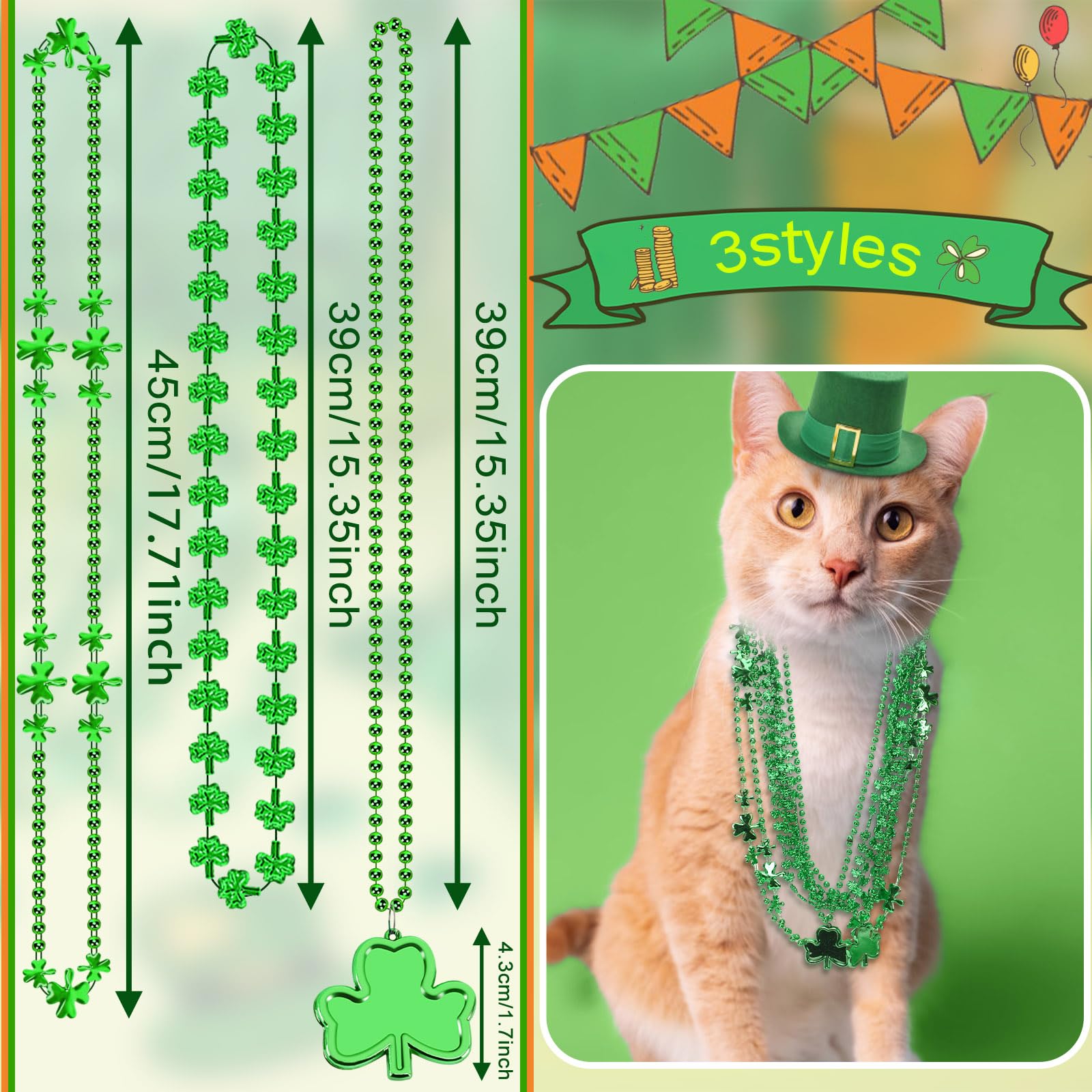 JULBEAR 30-Pack St. Patrick's Day Necklaces – 3 Styles of Green Shamrock Beaded Necklaces for Parties and Irish Holiday Decor