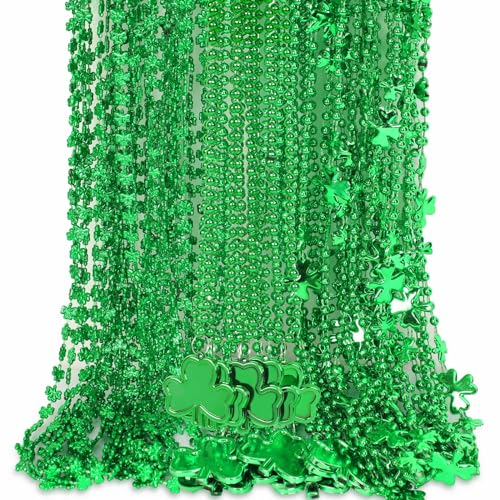 JULBEAR 30-Pack St. Patrick's Day Necklaces – 3 Styles of Green Shamrock Beaded Necklaces for Parties and Irish Holiday Decor