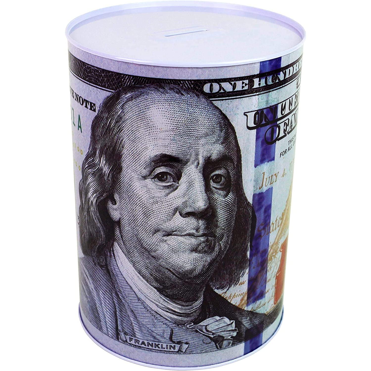 Julysgift $100 Dollar Bill Piggy Bank – Unopenable Metal Coin Bank, 7 1/4" Tall, Benjamin Franklin Tin Can Design