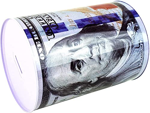 Julysgift $100 Dollar Bill Piggy Bank – Unopenable Metal Coin Bank, 7 1/4" Tall, Benjamin Franklin Tin Can Design