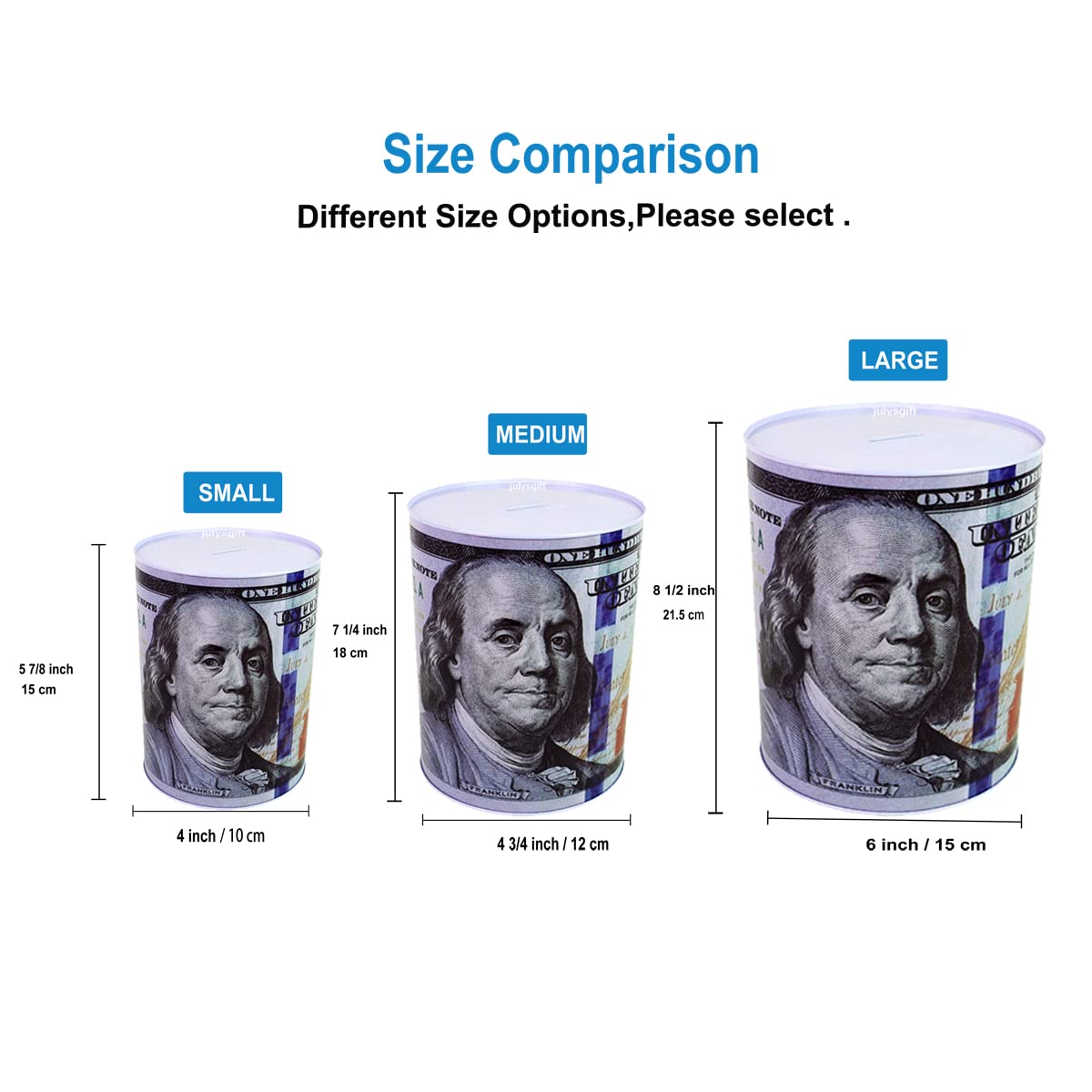 Julysgift $100 Dollar Bill Piggy Bank – Unopenable Metal Coin Bank, 7 1/4" Tall, Benjamin Franklin Tin Can Design