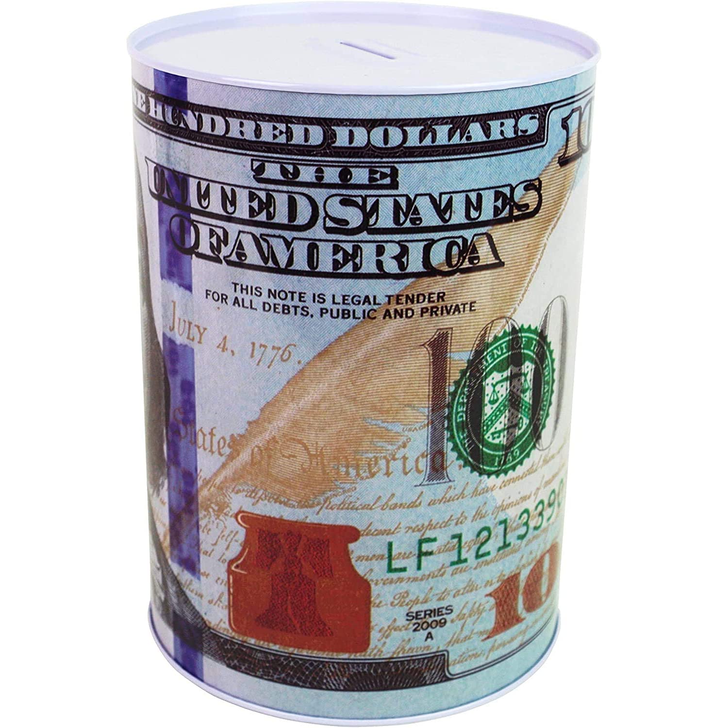 Julysgift $100 Dollar Bill Piggy Bank – Unopenable Metal Coin Bank, 7 1/4" Tall, Benjamin Franklin Tin Can Design