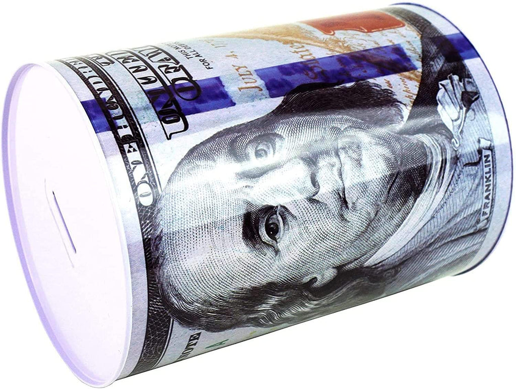 Julysgift $100 Dollar Bill Piggy Bank – Unopenable Metal Coin Bank, 7 1/4" Tall, Benjamin Franklin Tin Can Design