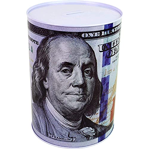 Julysgift $100 Dollar Bill Piggy Bank – Unopenable Metal Coin Bank, 7 1/4" Tall, Benjamin Franklin Tin Can Design