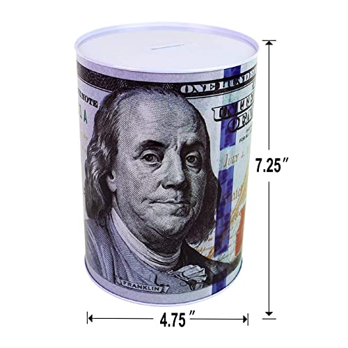 Julysgift $100 Dollar Bill Piggy Bank – Unopenable Metal Coin Bank, 7 1/4" Tall, Benjamin Franklin Tin Can Design