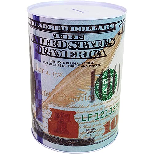 Julysgift $100 Dollar Bill Piggy Bank – Unopenable Metal Coin Bank, 7 1/4" Tall, Benjamin Franklin Tin Can Design