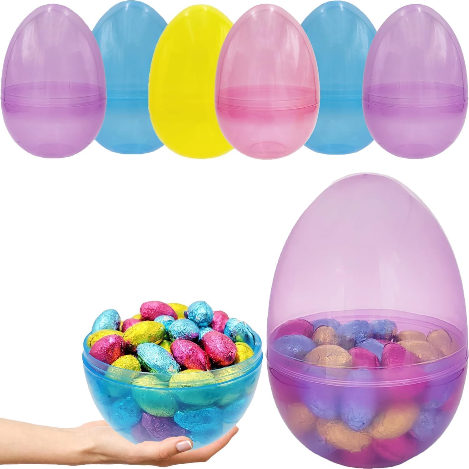Jumbo 6-Inch Fillable Easter Eggs - 6-Pack Translucent Plastic Eggs That Stand Upright for Egg Hunts & Decor