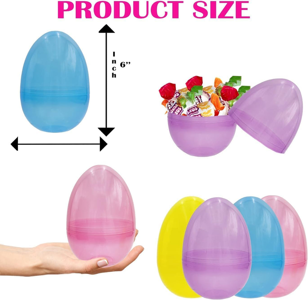 Jumbo 6-Inch Fillable Easter Eggs - 6-Pack Translucent Plastic Eggs That Stand Upright for Egg Hunts & Decor