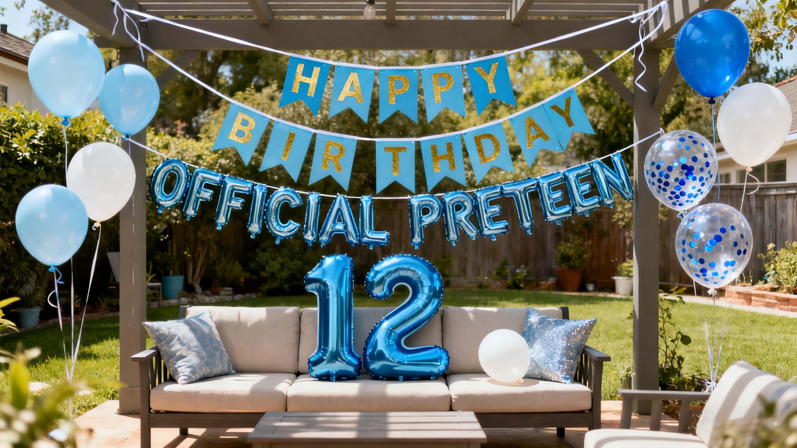 JumDaQQ 12th Birthday Decorations Blue for Boys – Official Pre-teen Party Kit with Banner, Number 12 Foil Balloon, and Confetti Balloons