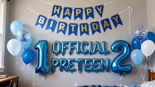 JumDaQQ 12th Birthday Decorations Blue for Boys – Official Pre-teen Party Kit with Banner, Number 12 Foil Balloon, and Confetti Balloons