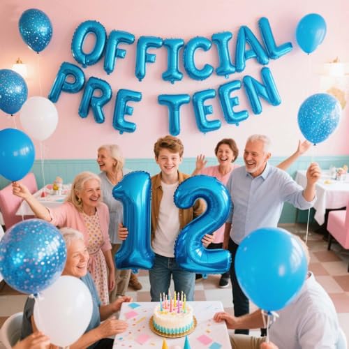 JumDaQQ 12th Birthday Decorations Blue for Boys – Official Pre-teen Party Kit with Banner, Number 12 Foil Balloon, and Confetti Balloons