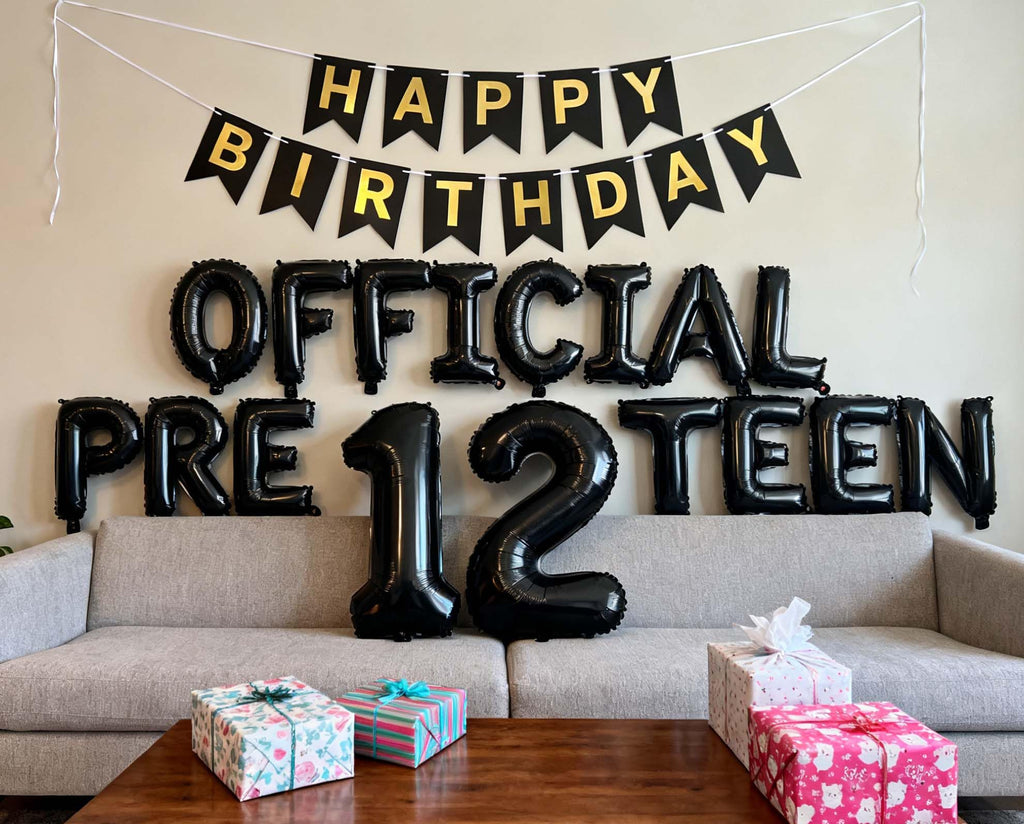 JumDaQQ 12th Birthday Decorations for Boys - Black Foil Balloons & Banner Set