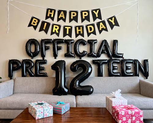 JumDaQQ 12th Birthday Decorations for Boys - Black Foil Balloons & Banner Set