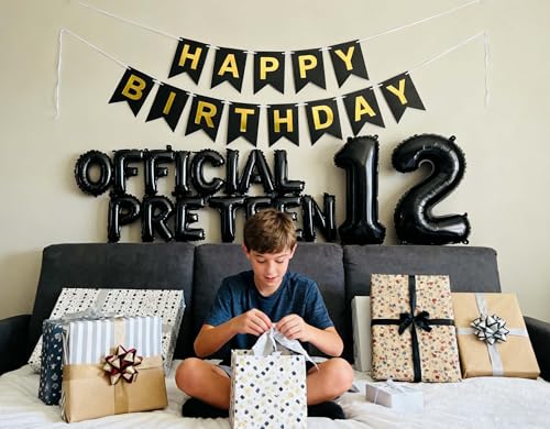 JumDaQQ 12th Birthday Decorations for Boys - Black Foil Balloons & Banner Set