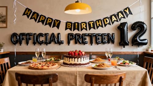 JumDaQQ 12th Birthday Decorations for Boys - Black Foil Balloons & Banner Set