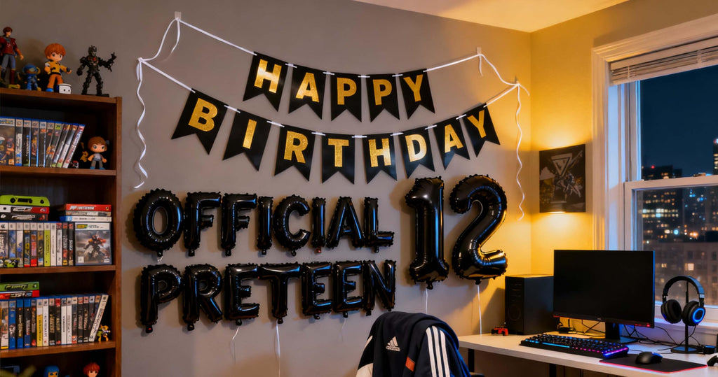JumDaQQ 12th Birthday Decorations for Boys - Black Foil Balloons & Banner Set