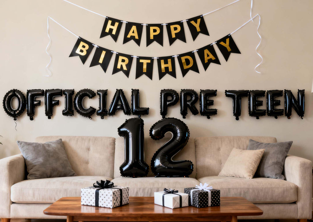 JumDaQQ 12th Birthday Decorations for Boys - Black Foil Balloons & Banner Set