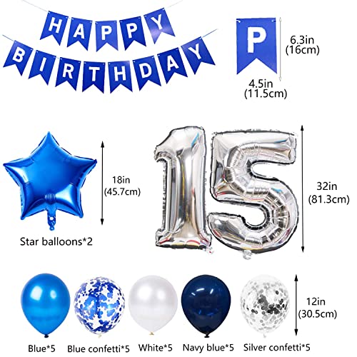 JumDaQQ 15th Birthday Decoration Set for Boys – Blue Banner, Foil Balloons, 31 Pieces