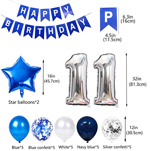 JumDaQQ Blue 11th Birthday Party Decoration Set for Boys – 31 Pieces Including Foil Number 11 Balloon, Banner, and Latex Balloons