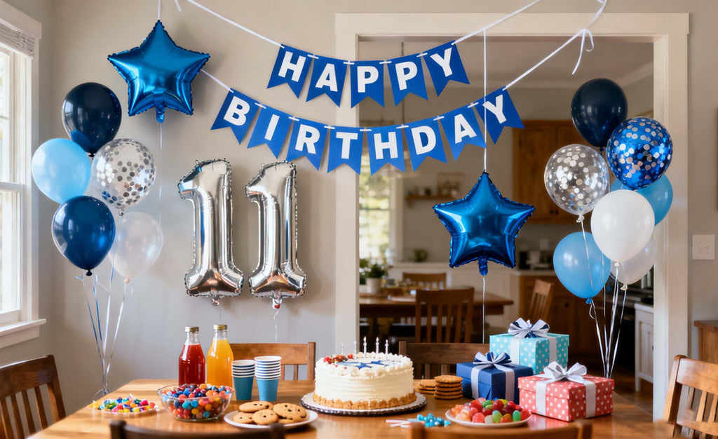 JumDaQQ Blue 11th Birthday Party Decoration Set for Boys – 31 Pieces Including Foil Number 11 Balloon, Banner, and Latex Balloons