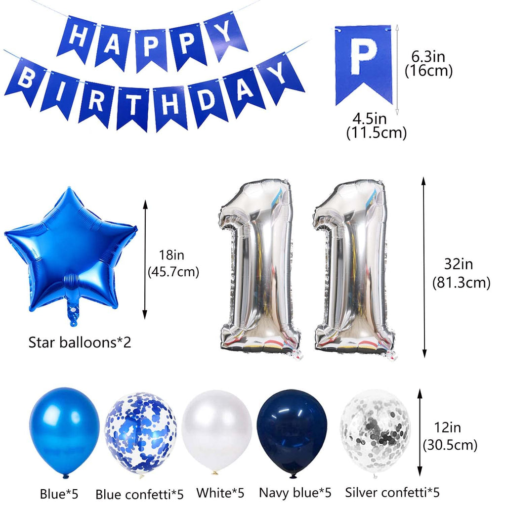 JumDaQQ Blue 11th Birthday Party Decoration Set for Boys – 31 Pieces Including Foil Number 11 Balloon, Banner, and Latex Balloons
