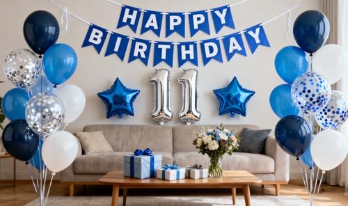 JumDaQQ Blue 11th Birthday Party Decoration Set for Boys – 31 Pieces Including Foil Number 11 Balloon, Banner, and Latex Balloons