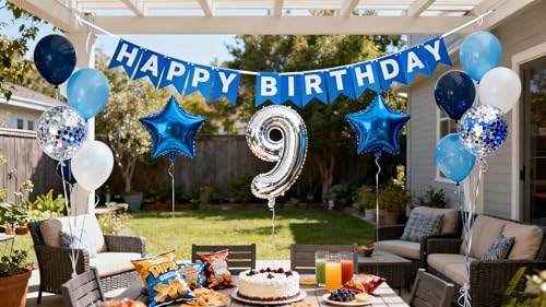 JumDaQQ Blue 9th Birthday Balloon Set – 31-Piece Party Decor with Number 9 Foil, Star Balloons, and Happy Birthday Banner