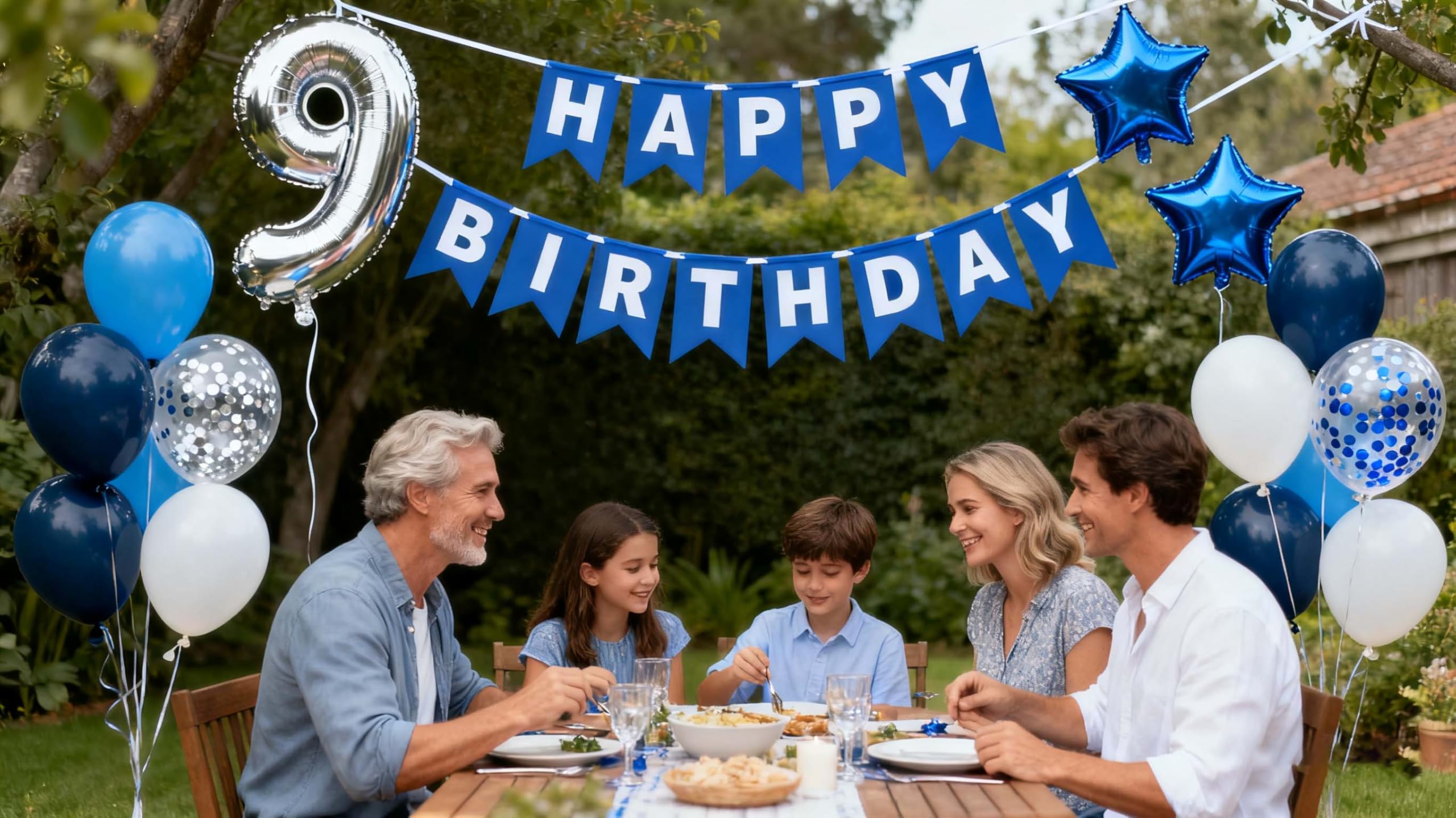 JumDaQQ Blue 9th Birthday Balloon Set – 31-Piece Party Decor with Number 9 Foil, Star Balloons, and Happy Birthday Banner