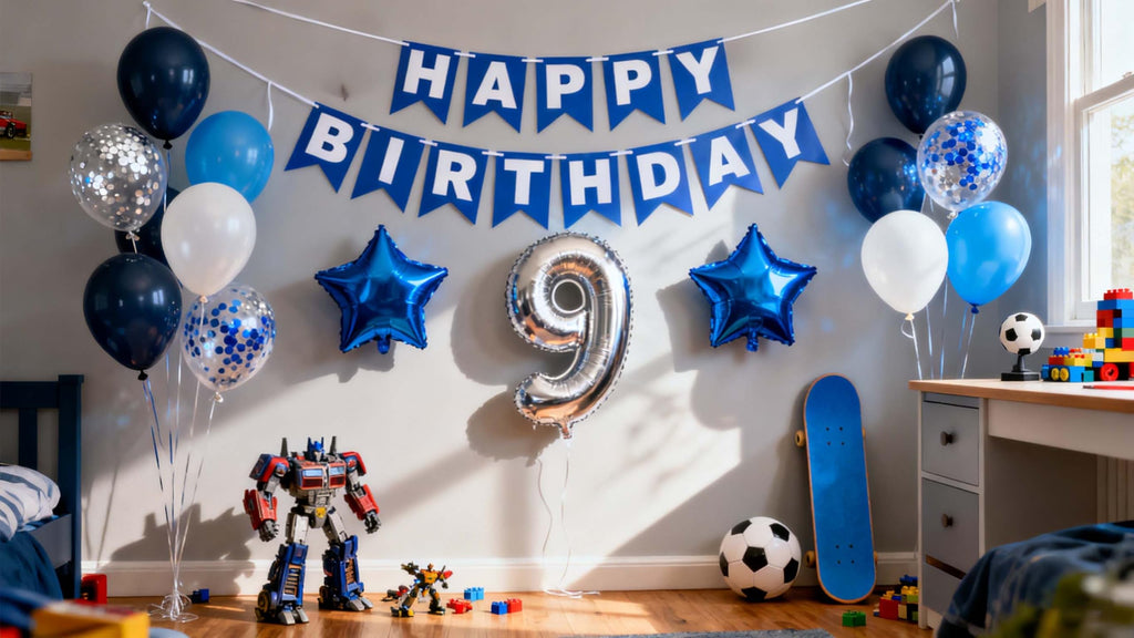 JumDaQQ Blue 9th Birthday Balloon Set – 31-Piece Party Decor with Number 9 Foil, Star Balloons, and Happy Birthday Banner