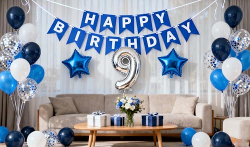 JumDaQQ Blue 9th Birthday Balloon Set – 31-Piece Party Decor with Number 9 Foil, Star Balloons, and Happy Birthday Banner