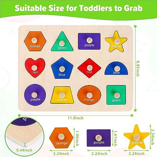 Jumlys Wooden Shape Peg Puzzle, 12 Shapes & 6 Colors, Montessori Learning Toy for Toddlers 1-3