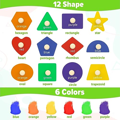 Jumlys Wooden Shape Peg Puzzle, 12 Shapes & 6 Colors, Montessori Learning Toy for Toddlers 1-3