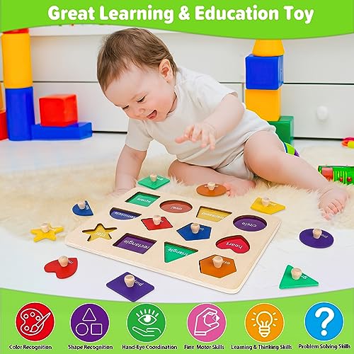 Jumlys Wooden Shape Peg Puzzle, 12 Shapes & 6 Colors, Montessori Learning Toy for Toddlers 1-3