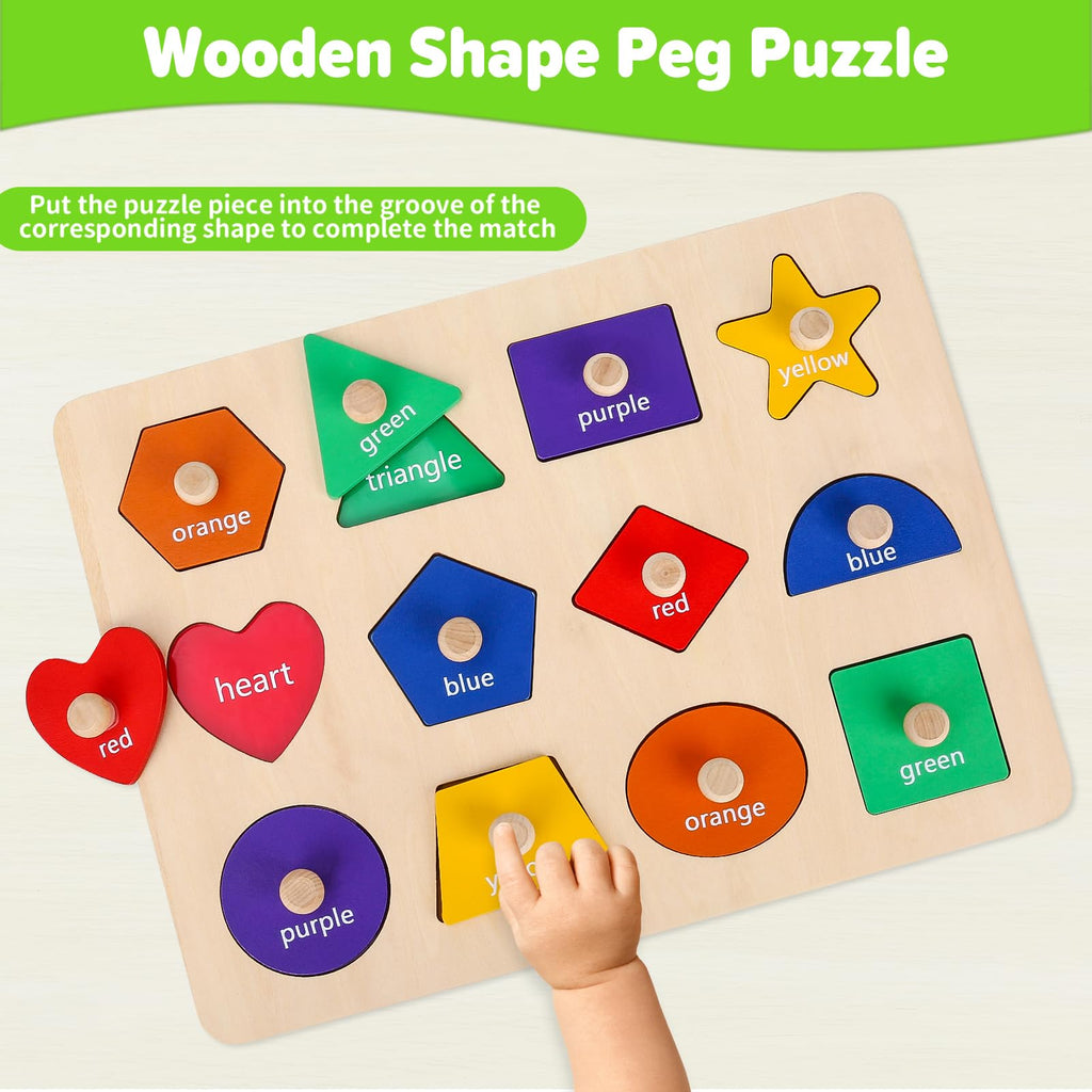 Jumlys Wooden Shape Peg Puzzle, 12 Shapes & 6 Colors, Montessori Learning Toy for Toddlers 1-3